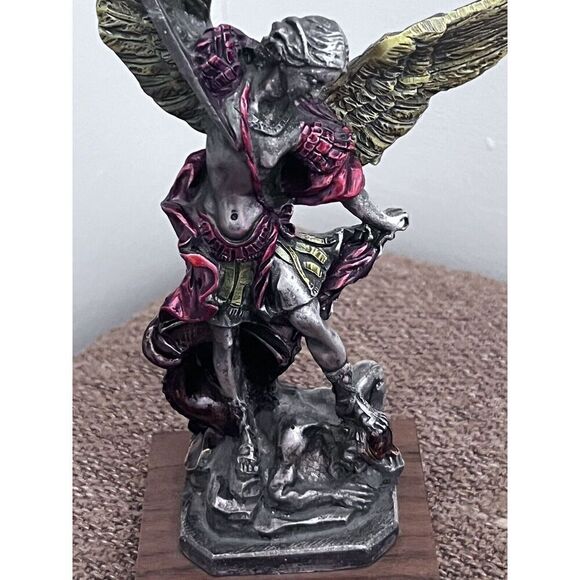 The Christian World Pewter & Enamel St. Michael Archangel Statue on Wood Base - Picture 3 of 7